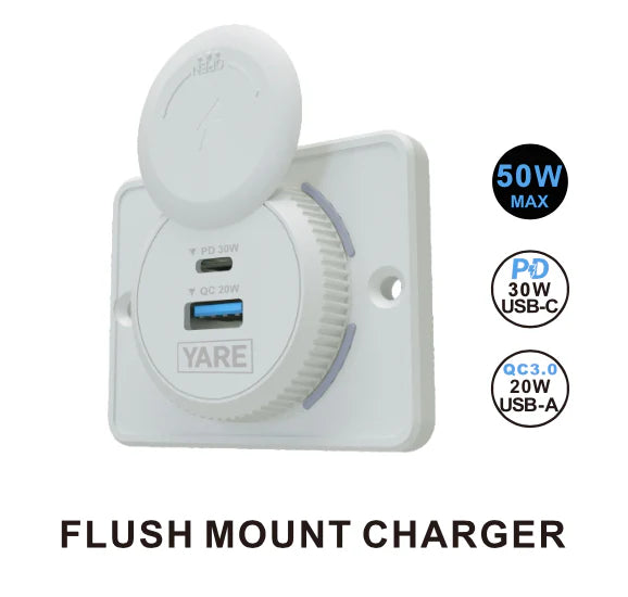 YARE Flush Mount Charger – 50W 12/24 Volt Dual USB (30W USB-C