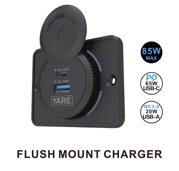 YARE Flush Mount Charger 85W 12/24 Volt Dual USB (65W USB-C + 20W USB-A) Black